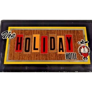 Vintage HOLIDAY HOTEL Glass Window Sign Retro Cowboy MCM Western Decor 8x14‎